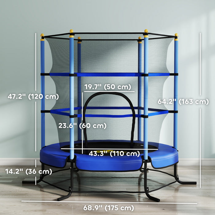 Qaba Kids Trampoline with Safety Enclosure Net and Built-in Zipper Safety Pad, Indoor Outdoor Exercise Fitness Equipment for Children Toddler Age 3-10 Years Old, Blue