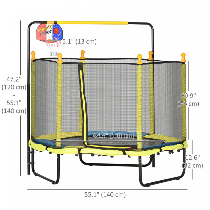 Qaba 55\" Trampoline for Kids, 47.2\"-55.1\"H Indoor Outdoor Toddler Trampoline with Safety Enclosure Net, Baby Recreational Play for Boys and Girls, Ages 3-10, Yellow