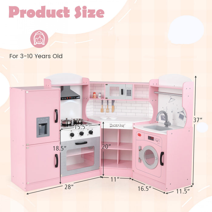 Honeyjou Corner Play Kitchen Toddler Kitchen Playset With Range Hood, Ice Maker, Microwave Pink