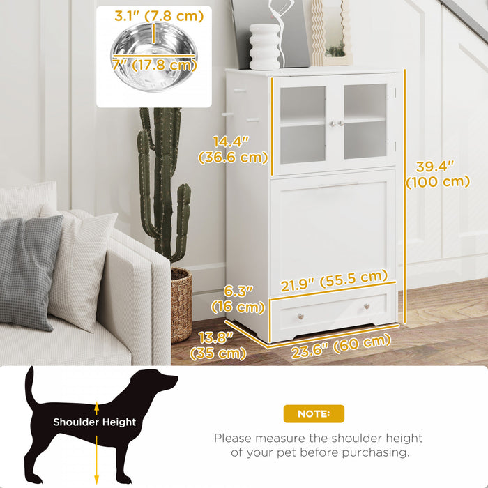 Pawhut Dog Feeding Station With 2 Storage Cabinets, Dog Food Storage Cabinet With 2 Raised Dog Bowls, Side Hooks, Anti-tip Kit For Water And Feeding Supplies, White