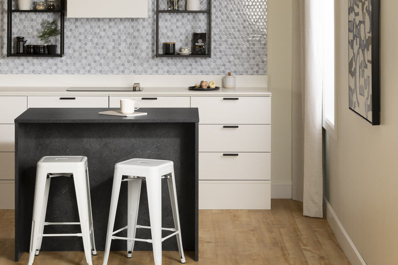 Myro Kitchen Island With Storage - Faux Black Stone And White 