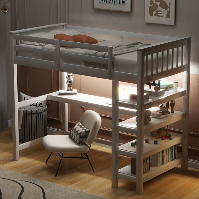 Victoria Twin Loft Solid Wood Bed With Desk, Storage Shelves, Led Light, White
