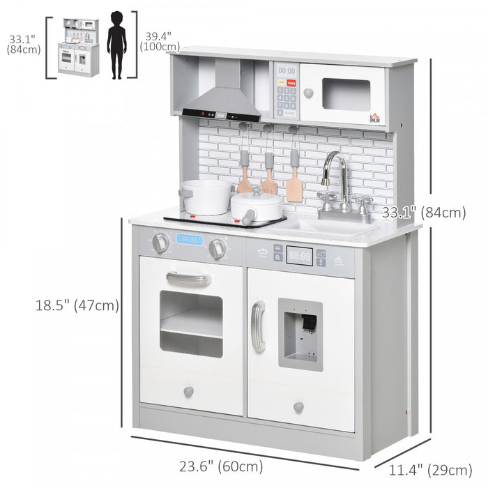 Qaba Kids Kitchen Playset For Toddlers, Pretend Role Toy Set Gift With Battery Operated Cooktop, Ice Machine, Dot Pattern Countertop For Kids Boys Girls Ages 3 To 6 - Grey
