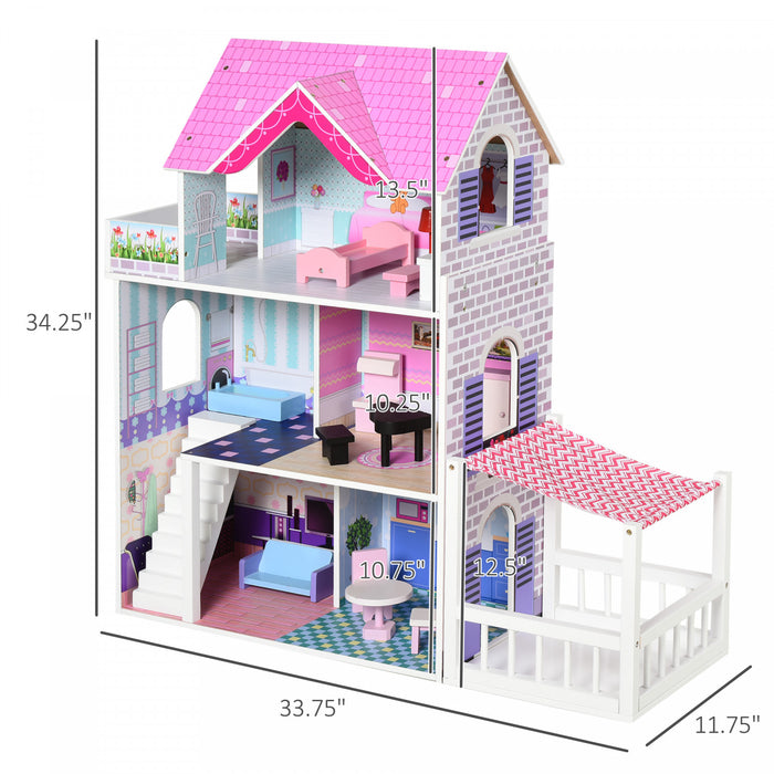 Qaba 2.9ft Kids Wooden Dollhouse Dreamhouse Villa With Patio Dollhouse With Furniture Accessories Kit For Toddler Girls Multi-level House For Children Pink