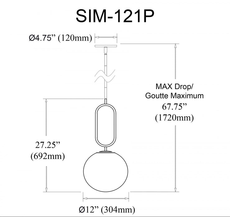 Dainolite Simone 1 Light Pendant Matte Black Opal White Glass Lamp