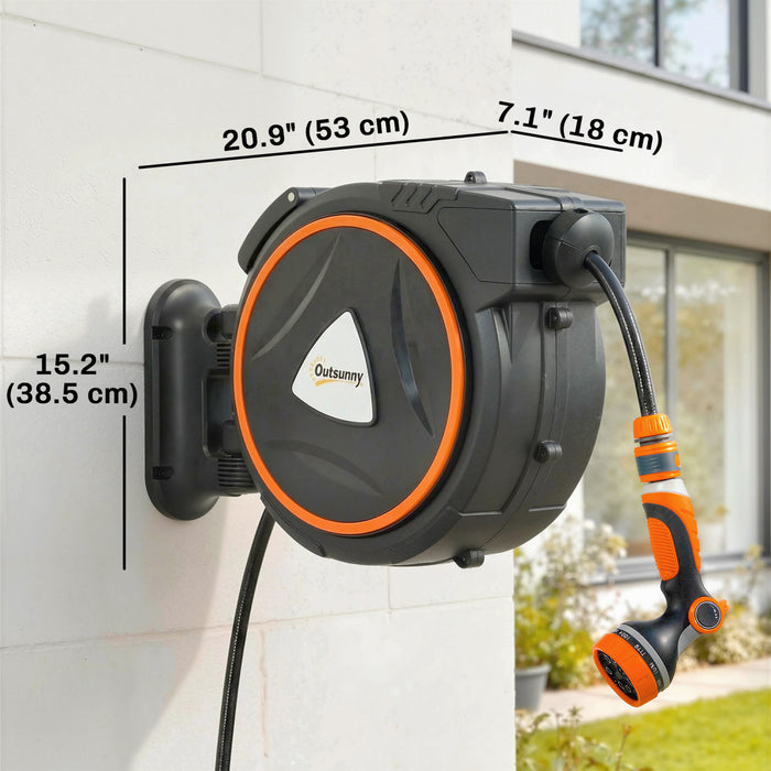 Outsunny Retractable Garden Hose Reel, 1/2\" x 59ft Wall Mounted Hose Reel with 12-Pattern Nozzles, Auto Retraction, Self-Locking, Slow Return System, 180° Swivel Bracket
