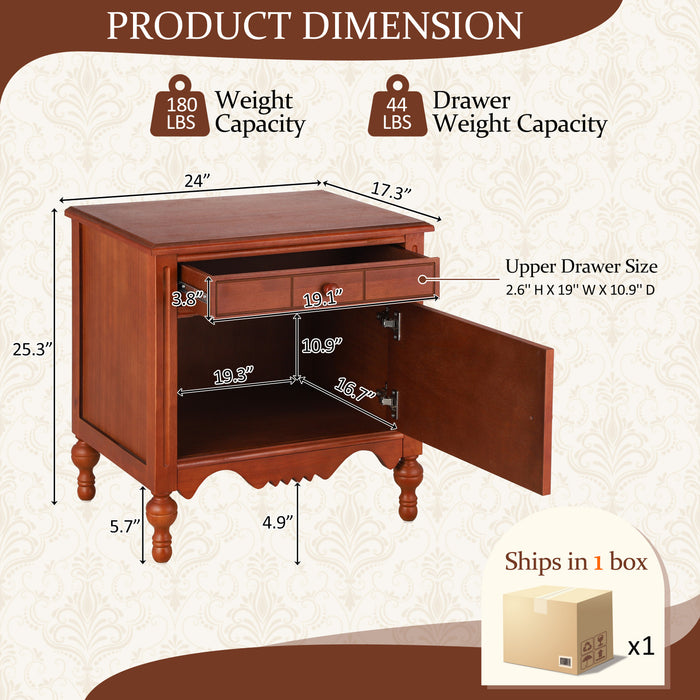 Amelia Vintage 24\" Nightstand with Carved Drawer and Cabinet,Brown
