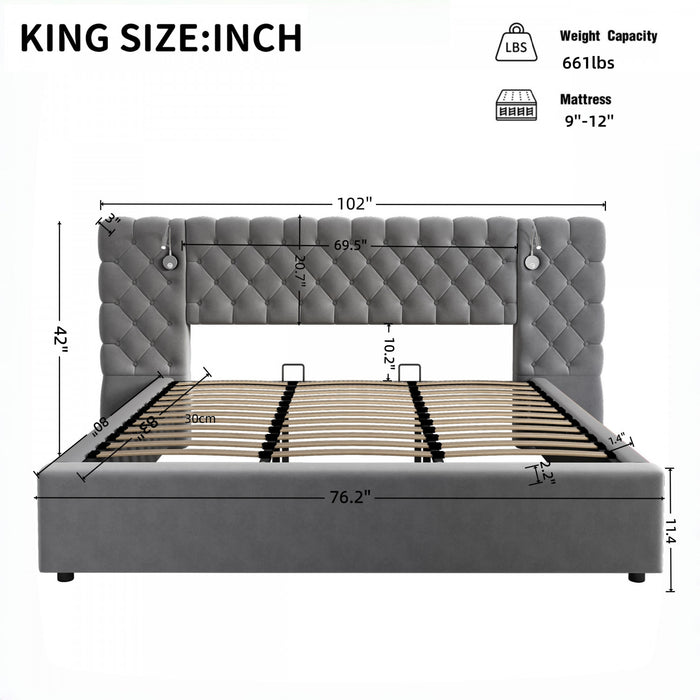 Malcolm Luxury Plush Velvet Upholstered Bed with Diamond Tufted Headboard and Reading Lights,King Size,Grey King Bed