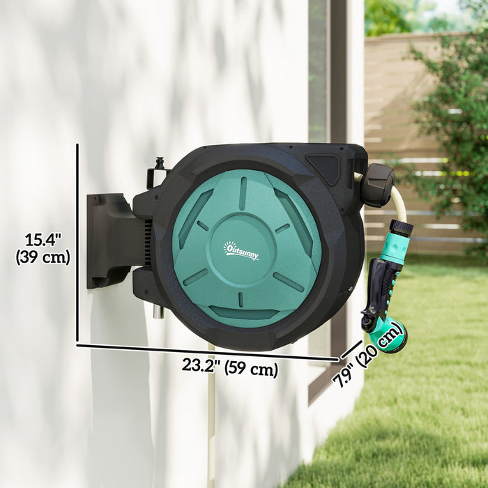 Outsunny Retractable Garden Hose Reel, 1/2 in x 65ft Wall Mounted Water Hose Reel with 7- Function Sprayer Nozzle, Auto Rewind, Any Length Lock, 180° Swivel Bracket, Blue