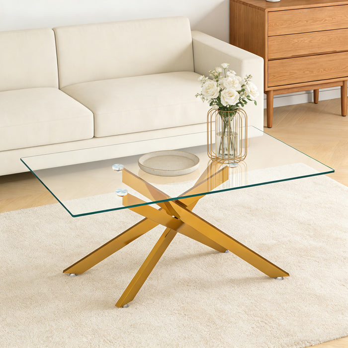 Olivia 39.37\" Rectangular Glass Coffee Table with Stylish Metal Legs,Gold