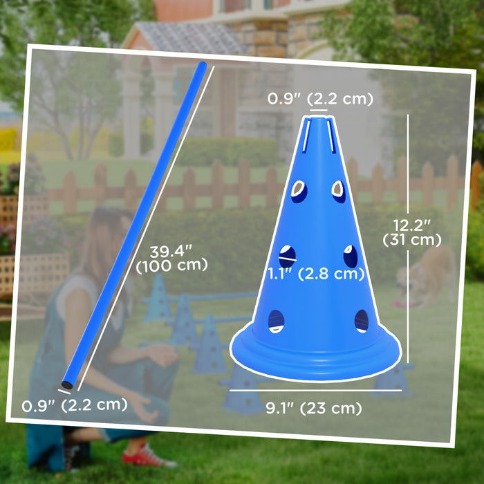 PawHut 39''L Set of 4 Dog Agility Hurdle Cone Set for Large Medium Small Size Dog, Agility Training Equipment 8 Cones 4 Rods Starter Kit with Carrying Bag, Blue