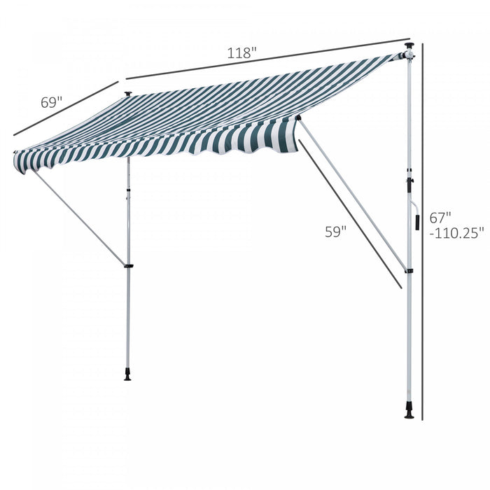 Outsunny 10x5ft Manual Retractable Awning, Patio Sun Shade Canopy Shelter With 5.6-9.2ft Support Pole, Water Resistant Uv Protector, For Window, Door, Porch, Deck, Green