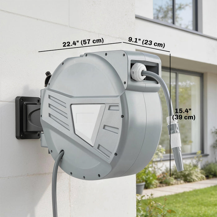 Outsunny Retractable Garden Hose Reel, 1/2\" x 98ft Wall Mounted Hose Reel with Auto Retraction, Self-Locking, Slow Return System, 180° Swivel Bracket and 2 Patterns Nozzle