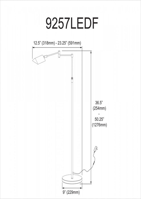 Dainolite LED Swing Arm Floor Lamp 9w Satin Nickel Finish