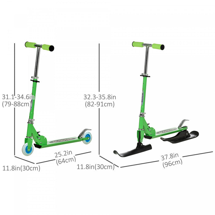 Qaba Snow Scooter, 2 In 1 Design Adjustable Height Scooter Snow Sled For Kids Aged Over 7 Years Old, Kids Sled Ski Scooter With Wheels Blades, Green