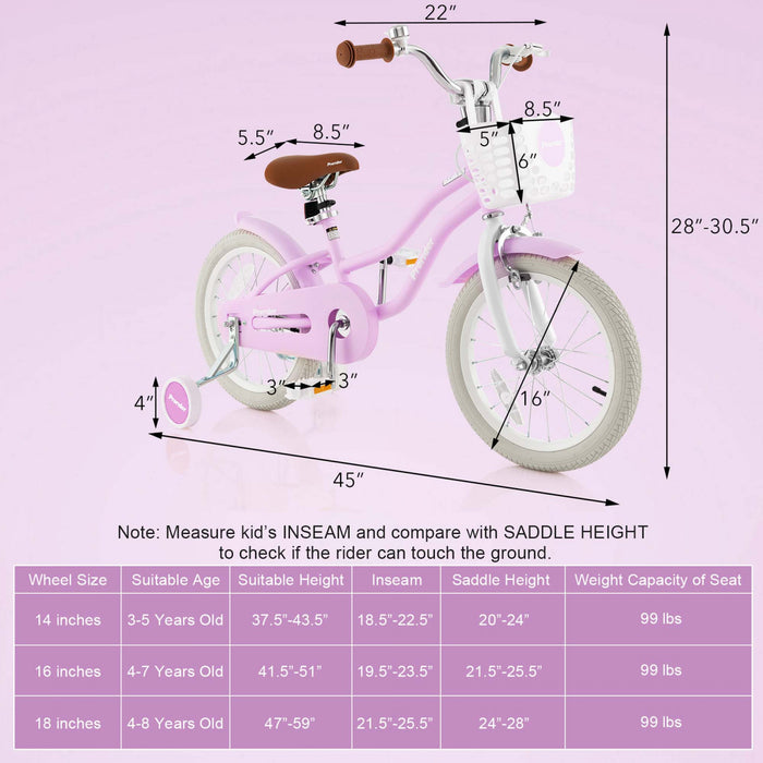 Costway 16\" Kids Bike Toddler Adjustable Bicycle With Training Wheel For 4-7 Years Old Girl