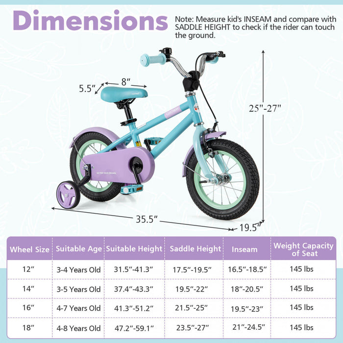 Costway 12\" Kids Bike With Adjustable Saddle Handlebar Removable Training Wheels Handbrake Blue