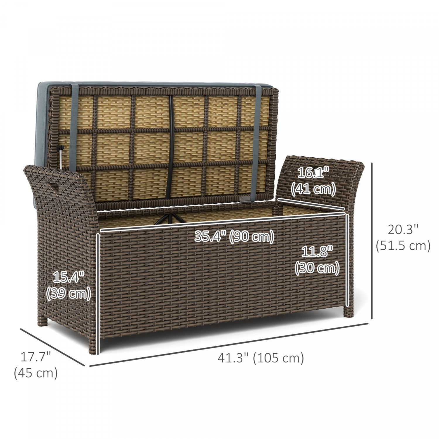 Image showcasing Outsunny 2-in-1 Patio Wicker Storage Bench 27 Gallon Storage Box Da ...