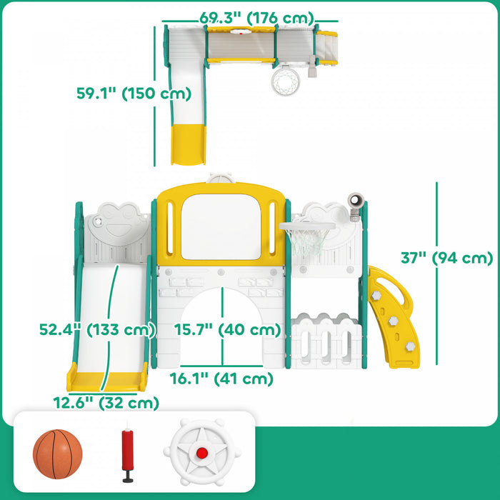 Qaba Toddler Slide, 7 in 1 Kids Slide with Climber, Basketball Hoop, Telescope, Drawing Board, Storage Box, Indoor Outdoor Playground, Gifts for Boys Girls Ages 1-3, Yellow