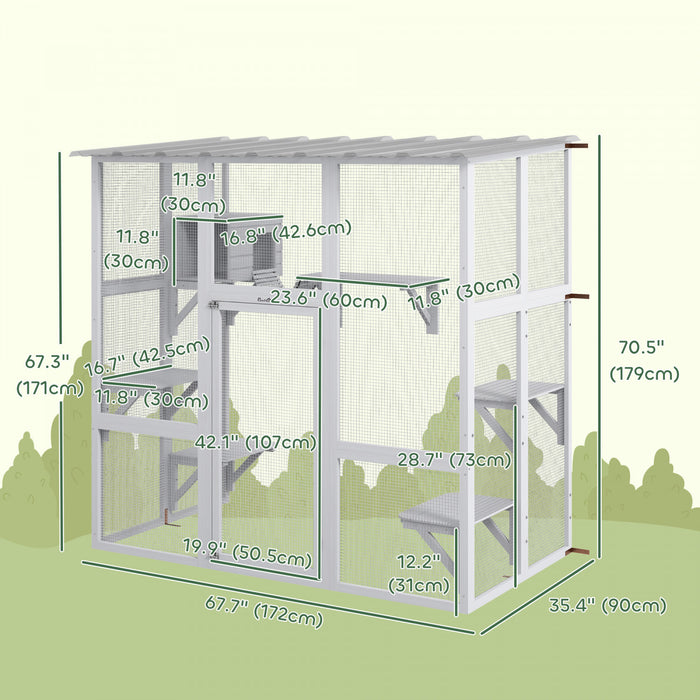 Pawhut Catio Outdoor Cat Enclosure, Wooden Outdoor Cat House Window Box With Weatherproof Roof, Bridge, Resting Box, Platforms, Cat Cage For 2 Kittens, White