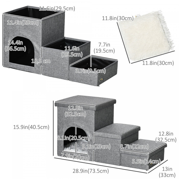 Pawhut Multifunctional Dog Stairs With Storage Boxes And Condo, 3-step Pet Stairs For High Beds And Couch With Washable Plush Cushion, Light Grey