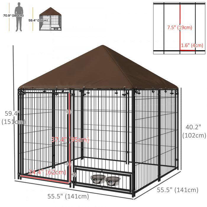 Pawhut Dog Run, 4.6' X 4.6' X 5' Outdoor Dog Kennel With Canopy, Rotating Bowls, Door For Backyard & Garden, Coffee