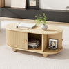 Ethan Oval Coffee Table with Sliding Doors and Hidden Storage,Natural Wood | Ethan table basse ovale – table basse avec portes coulissantes et rangement cache, bois naturel