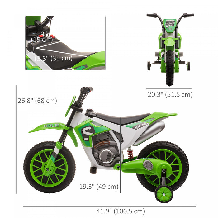 Aosom Kids Dirt Bike Battery Powered Ride-On Electric Motorcycle With Charging 12v Battery, Training Wheels Green