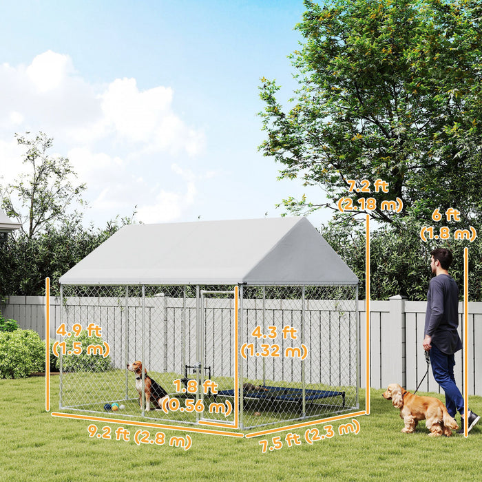 Pawhut Outdoor Dog Kennel With Roof, Heavy Duty Galvanized Steel Dog Run Chain Link W/ Waterproof Uv-resistant Cover, Safety Lockable Latch System, 9.2' X 7.5' X 7.2'
