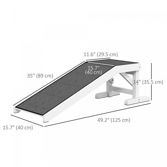 Pawhut Pet Ramp Bed Steps For Dogs Cats Non-slip Carpet Top Platform Pine Wood 49\"l X 16\"w X 14\"h White Grey