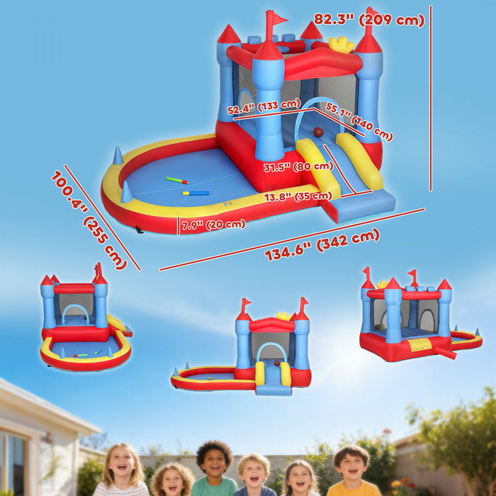 Qaba Bouncy Castle for Kids, 11.2x8.4FT Inflatable Bounce House with Slide, Pool/Ball Pit, Basketball Hoop, Jumping Castle with Basketball, Water Blaster, Blower for Indoor Outdoor