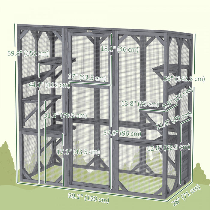 Pawhut Catio, Outdoor Cat Enclosure With 6 Jumping Platforms, Weatherproof Roof, Large Front Door, Wooden Cat House Cage For 1-3 Kittens, 59\" X 28\" X 60\", Grey