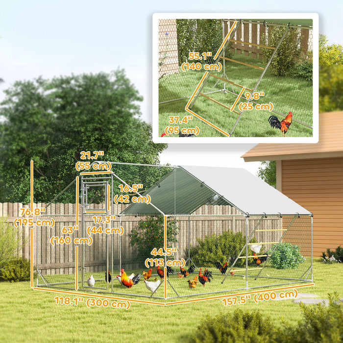 Pawhut Chicken Run, Large Metal Chicken Coop With Feeding Door, Waterproof & Uv-resistant Cover, Hanging Feeder, Perch, Poultry Cage For Outdoor, Backyard, Farm, For 12-18 Poultry