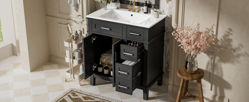 Savannah 30 Inch Bathroom Vanity with Ceramic Sink and Spacious Storage Cabinet, Black