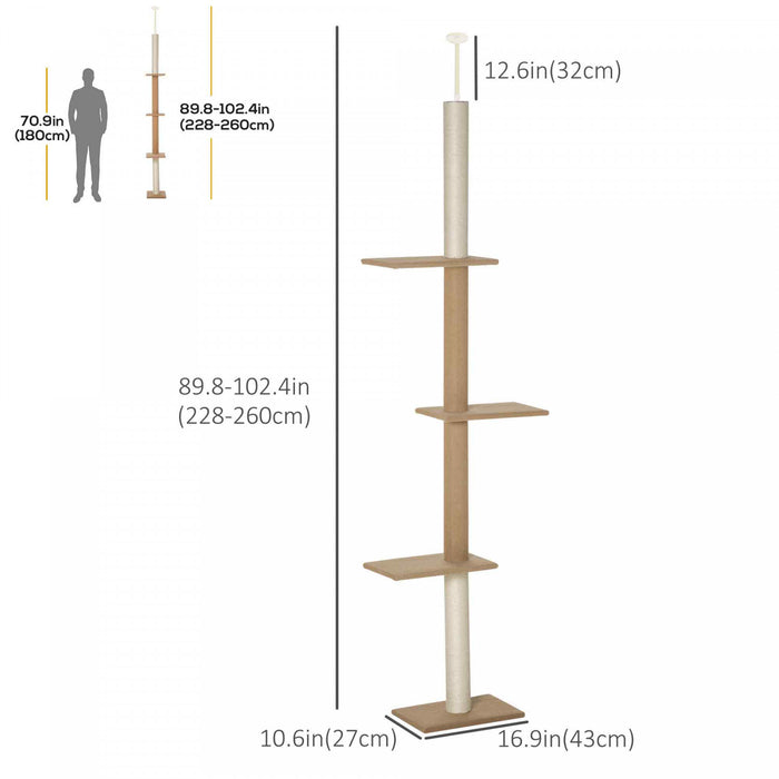 Pawhut 100\" Floor To Ceiling Cat Tree W/ 3 Perches Activity Center For Kittens Cat Tower Furniture, Brown