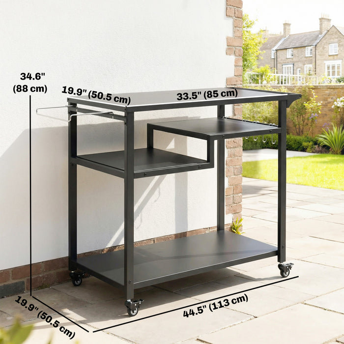 Outsunny Outdoor Grill Cart, BBQ Stand, Three-Shelf Pizza Oven Stand with Hooks, Garbage Bag Holder, Movable Food Prep Table on Wheels, Black