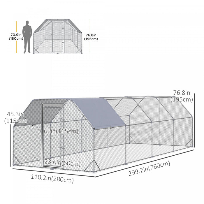 Pawhut Chicken Run, Galvanized Large Metal Chicken Coop Cage, Walk-in Enclosure Poultry Hen Run House Playpen Rabbit Hutch With Flat Roof, Cover, For Outdoor Backyard, 9.2' X 24.9' X 6.5', Silver