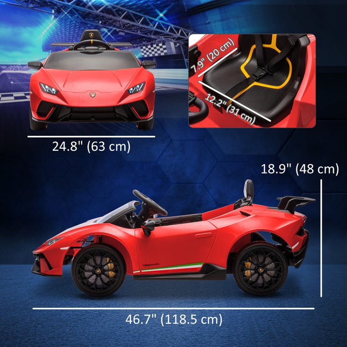 Qaba 12v Electric Powered Ride-On Car For Kids, Lamborghini Huracan Licensed Kids Car With Remote Control, Spring Suspension, Transport Wheels, Soft Start, Led Light, Music, For 3-6 Years, Red