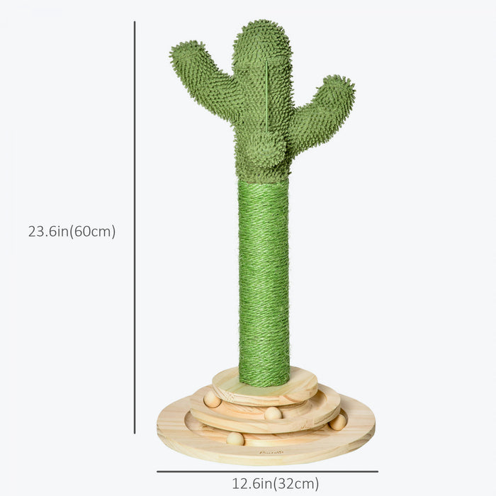 Pawhut Cat Scratching Post, 23.6\" Cactus Scratching Post, Nature Sisal Cat Scratcher With Two Interactive Hanging Balls And Rotating Ball Toys For Indoor Cats