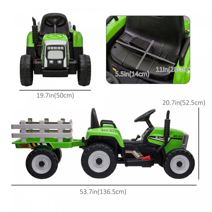 Aosom 12v Kids Powered Ride-On Tractor With Trailer, Battery Powered Electric Tractor With Remote Control, Music Start Up Sound And Horn, Usb, Led Lights, Green