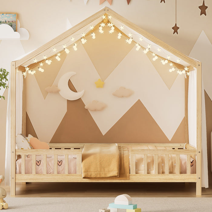 Paul Montessori Floor Bed with Canopy and High Railings,Twin Size，Natural Twin Bed