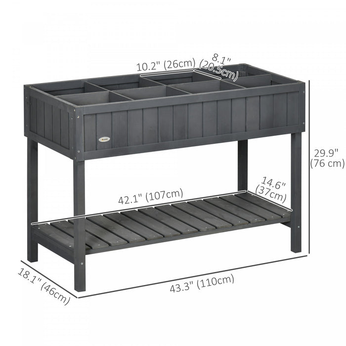 Outsunny 43.25\" X 18\" X 30\" Elevated Wooden Garden Plant Stand Outdoor Raised Flower Bed 8 Grid Box With Storage Shelf Yard Herb Planter Dark Grey