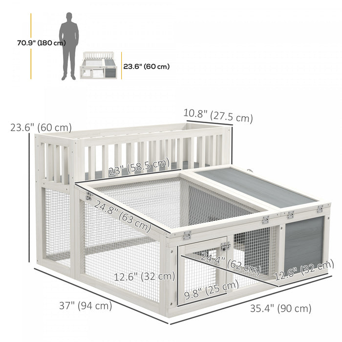 Pawhut Rabbit Hutch Outdoor Indoor With Storage Shelf, Wooden Bunny Cage Guinea Pig Cage With Run, Openable Tops, For 1-2 Rabbits, 37\" X 35\" X 24\", Grey