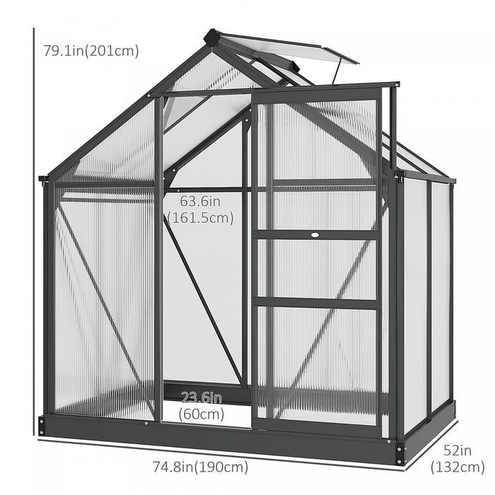 Outsunny 6' X 4' Clear Polycarbonate Greenhouse Walk-in Green House Garden Plants Grow Galvanized Base Aluminum Frame With Rain Gutter, Vent And Sliding Door, Grey