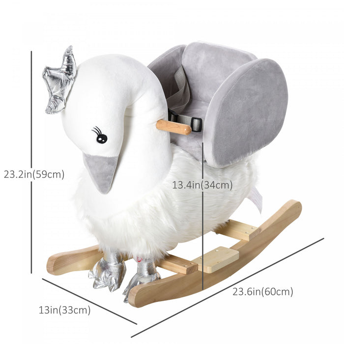 Qaba Kids Wooden Rocking Horse Swan Baby Rocking Chair Plush Ride On Swan With Sounds, Wooden Base For Babies 18-36 Months, White And Grey