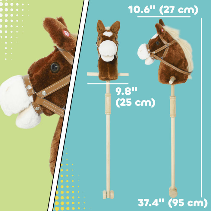 Qaba Stick Horse, Plush Handcrafted Hobby Horse with Wood Wheels, Real Pony Neighing and Galloping Sounds, for Kids, Toddlers Pretend Play, Brown