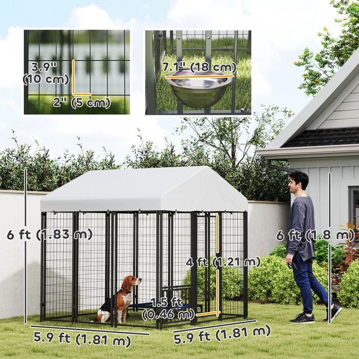 Pawhut 6' X 6' X 6' Dog Run Outdoor, Large Outdoor Dog Kennel Welded Wire Steel Fence With Uv-resistant & Waterproof Cover, Rotating & Adjustable Bowls, Secure Lock, Silver