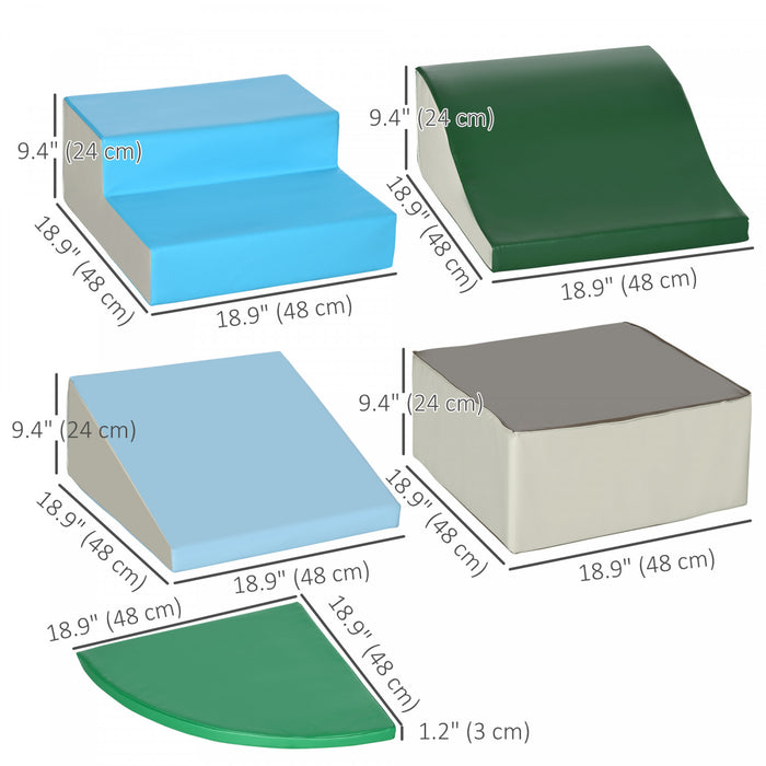Qaba Kids Soft Play Set, 6-piece Foam Blocks Set For Toddlers To Climb, Crawl, Slide, Safe Indoor Play Equipment For Kids 12-36 Months, Blue, Green