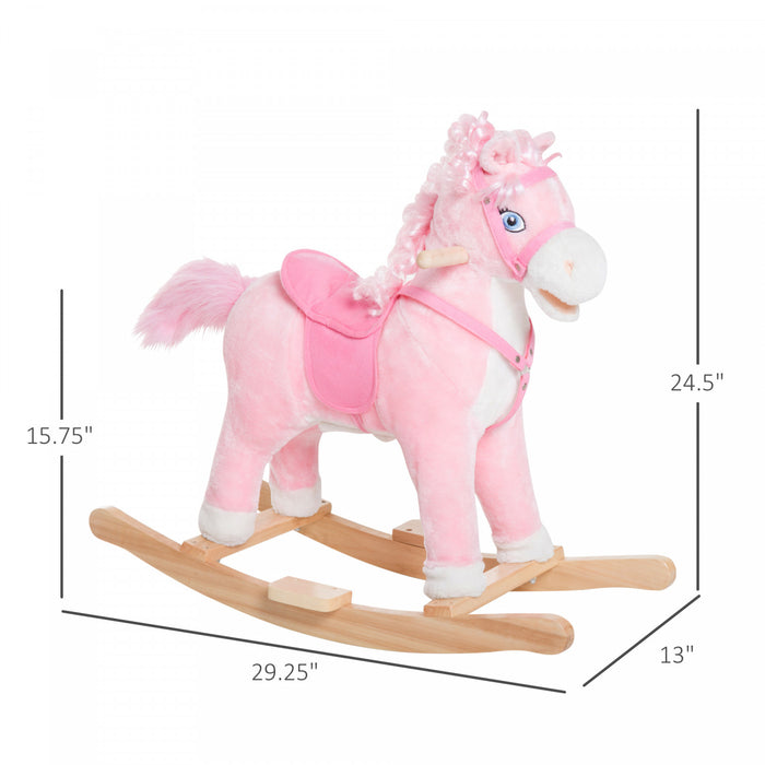 Qaba Kids Plush Rocking Horse Child Ride On Toy Rocker With Realistic Sounds Pink