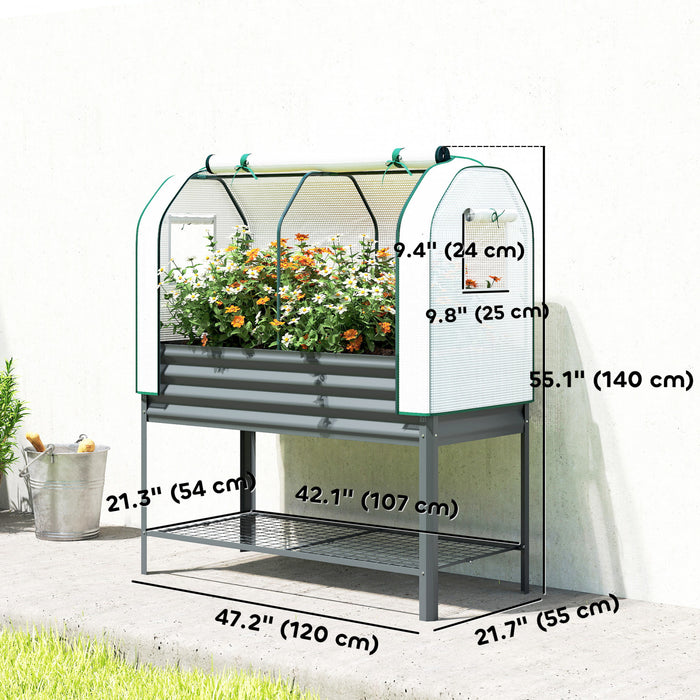 Outsunny Galvanised Raised Garden Bed with Greenhouse Cover, Dark Grey